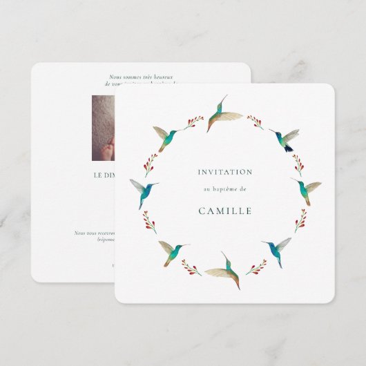 Hummingbird Baptism Invitation with Baby Photo 招待状 (正面/裏面)