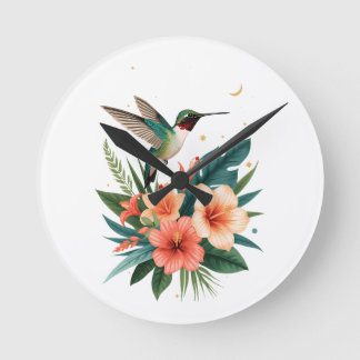 Hummingbird Bloom Tropical Wall Clock ラウンド壁時計
