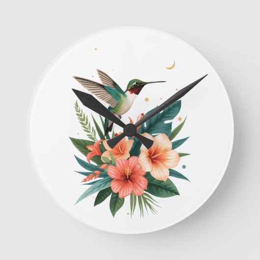 Hummingbird Bloom Tropical Wall Clock ラウンド壁時計 (正面)