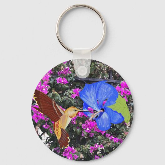 Hummingbird, Blue Hibiscus, & Bougainvillea キーホルダー (正面)
