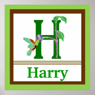 Hummingbird & Boy Name Wall ArtのH子供へ ポスター