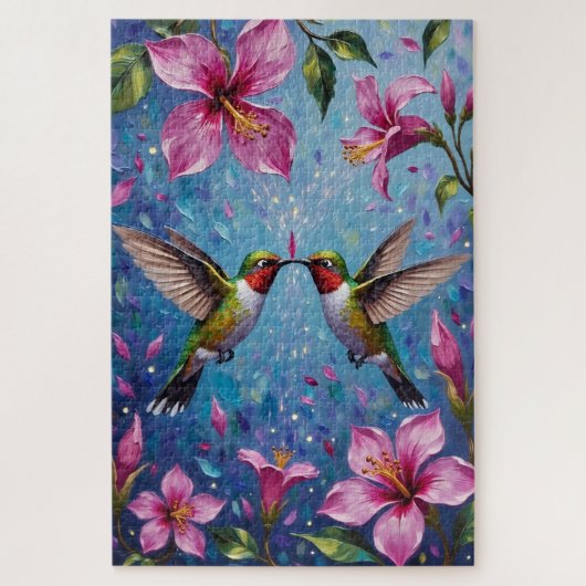 Hummingbird Couple Iridescent Flower Love ジグソーパズル (縦)