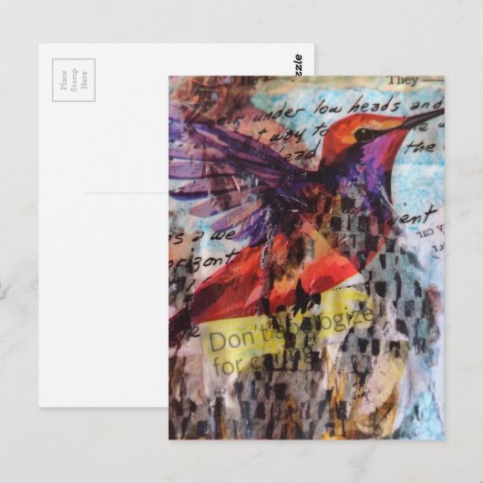 Hummingbird don't apologize for caring mixed media ポストカード (正面/裏面)