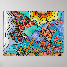 Hummingbird Goldfish Reflectionファンタジーアートポスター ポスター