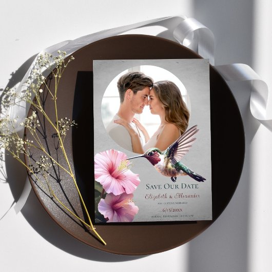 Hummingbird & Hibiscus Photo Save the Date |グレー 案内状