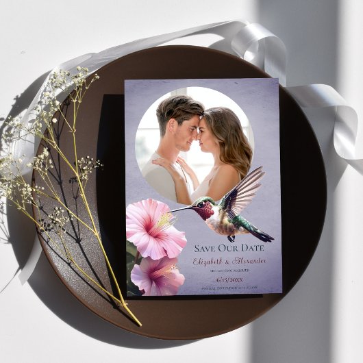 Hummingbird & Hibiscus Photo Save the Date Purple 案内状