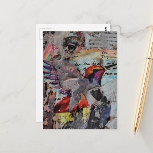 Hummingbird mixed media collage in progress ポストカード (正面/裏面インサイチュ)