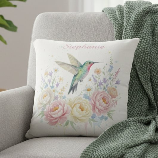 Hummingbird Pillow – Pastel Floral Watercolor Gift クッション