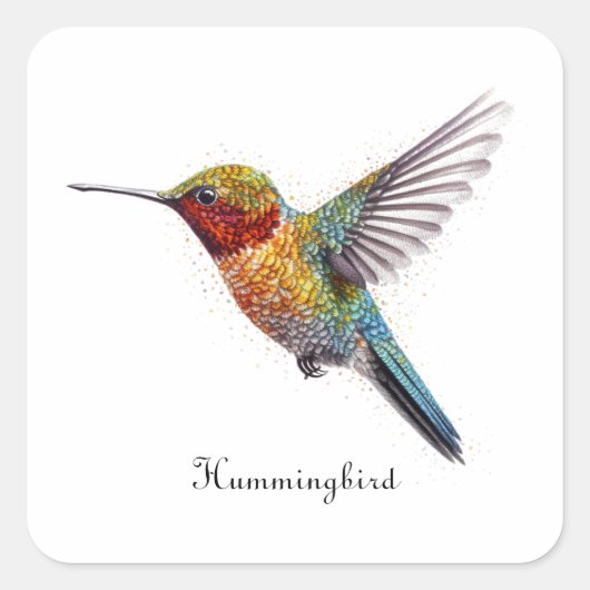 hummingbird pointellismカラフル，カスタマイズ可能 スクエアシール (正面)