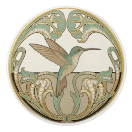 Hummingbird Sage Green & Gold Art Deco Nouveau セラミックノブ