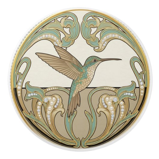 Hummingbird Sage Green & Gold Art Deco Nouveau セラミックノブ (正面)