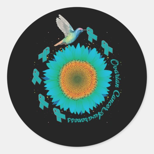 Hummingbird Sunflower Teal Ribbon Ovarian Cancer ラウンドシール (正面)