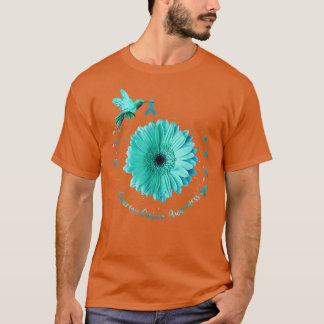 Hummingbird Sunflower Teal Ribbon Ovarian Cancer A Tシャツ