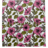 Hummingbirds and pink hibiscus flowers シャワーカーテン (正面)