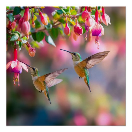 Hummingbirds Fuchsia Flowers Iridescent Dance ポスター (正面)