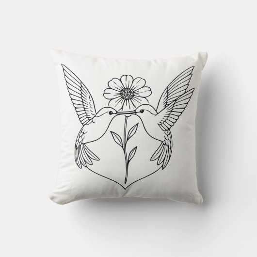 Hummingbirds in Heart Shape with Flower Line Art クッション (正面)