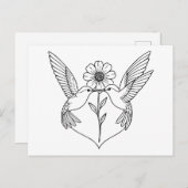 Hummingbirds in Heart Shape with Flower Line Art ポストカード (正面/裏面)