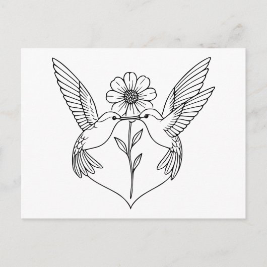 Hummingbirds in Heart Shape with Flower Line Art ポストカード (正面)