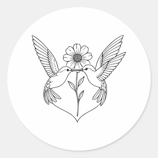 Hummingbirds in Heart Shape with Flower Line Art ラウンドシール (正面)