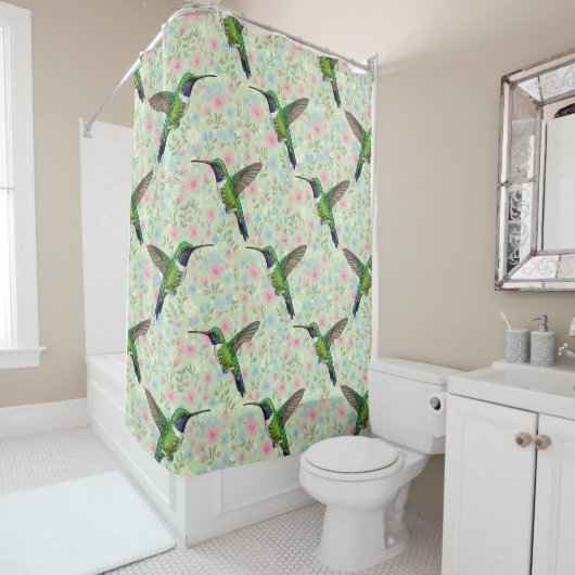 Hummingbirds on a floral background shower curtain シャワーカーテン (インサイチュ)