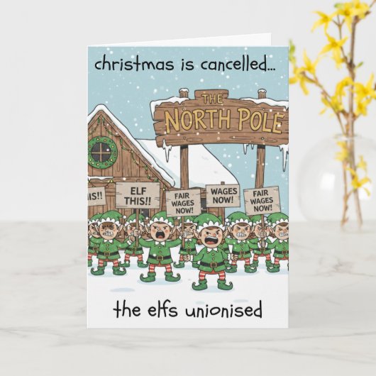 Humorous Christmas Card - Elf Union Strike カード (黄色い花)