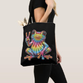 Humorous Frog Lover Tie-Dye Frog Peace Sign Hippie トートバッグ (クローズアップ)