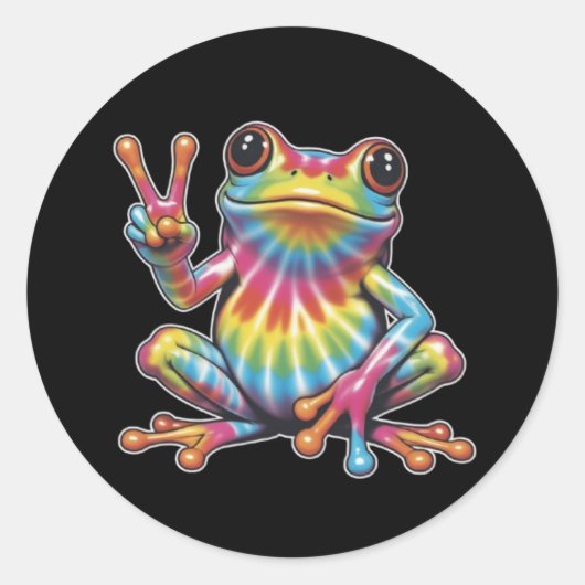 Humorous Frog Lover Tie-Dye Frog Peace Sign Hippie ラウンドシール (正面)