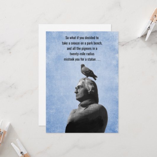 Humorous Get Well statue and pigeons joke カード (正面/裏面インサイチュ)