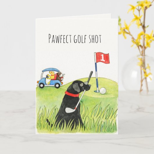 Humorous Golf Dogs on the Green カード (黄色い花)