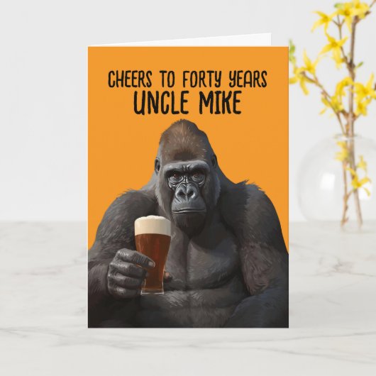 Humorous Gorilla Drinking Beer 40th Birthday Card カード (黄色い花)