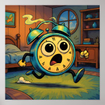 Humorous Retro Art: Ablaze Running Alarm Clock