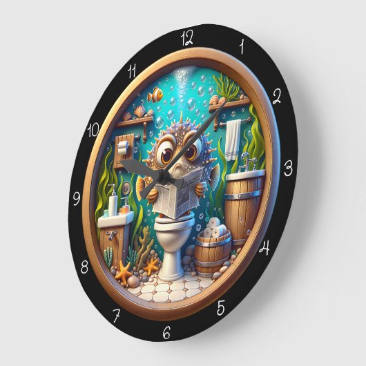 Humorous Whimsical Pufferfish Bathroom Clock ラージ壁時計 (傾斜)