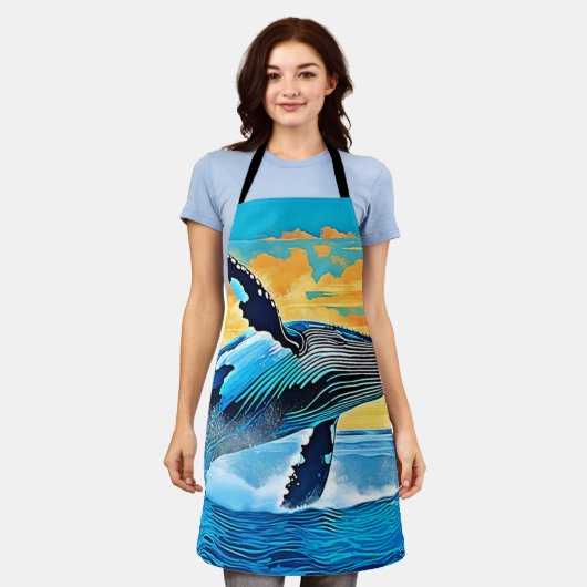 Humpback Whale Ocean Freedom Jump Design エプロン (着用した状態)