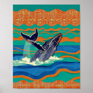 Humpback Whale Woodblock Print ポスター