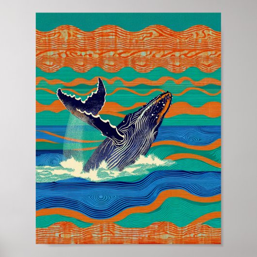 Humpback Whale Woodblock Print ポスター (正面)