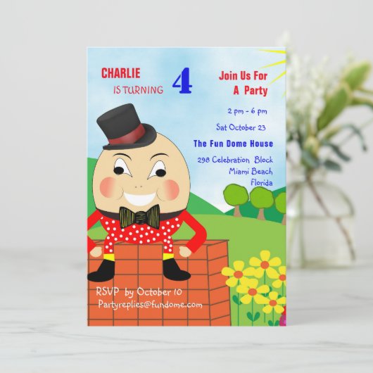 Humpty Dumptyをテーマにした子供の誕生日パーティー編集可能 招待状 (スタンド正面)