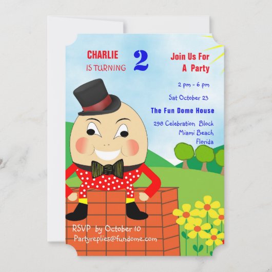 Humpty Dumptyテーマの子供の誕生日パーティー編集可能 招待状 (正面)