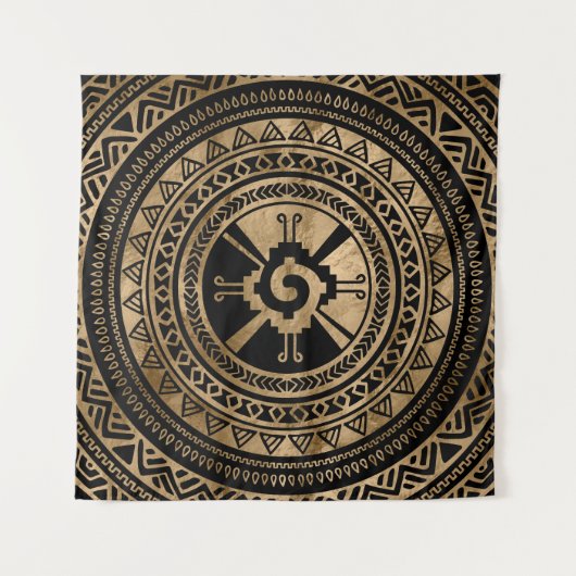 Hunab Kuのマヤの記号の黒および金ゴールド タペストリー (正面(横))