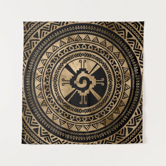 Hunab Kuのマヤの記号の黒および金ゴールド タペストリー (正面)