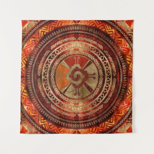 Hunab Kuのマヤの記号はオレンジおよび金ゴールドを燃やしました タペストリー (正面)