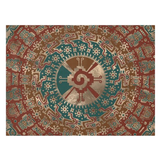 Hunab Kuの金ゴールドの赤およびティール（緑がかった色） テーブルクロス (正面(横))