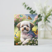 Hund in Blumenwiese mit Schmetterlingen ポストカード (スタンド正面)