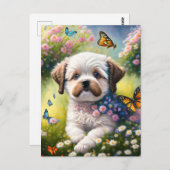 Hund in Blumenwiese mit Schmetterlingen ポストカード (正面/裏面)