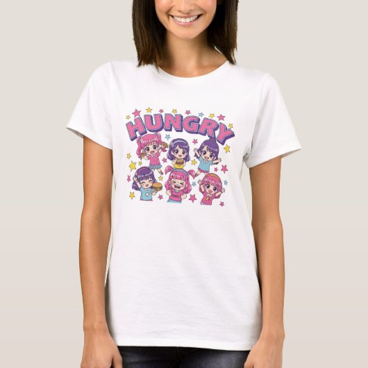 Hungry Anime Chibi Girls Cute Food Lover Women's  Tシャツ (正面)