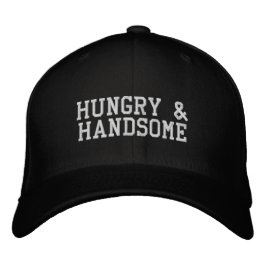 「Hungry & Handsome」黒と白のグロームズマンギフト 刺繍入りキャップ