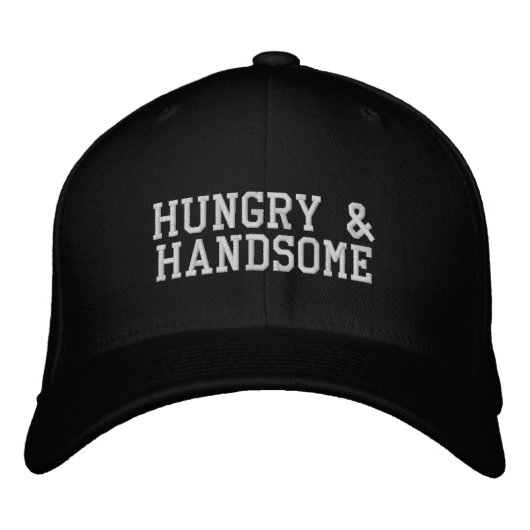 「Hungry & Handsome」黒と白のグロームズマンギフト 刺繍入りキャップ (正面)