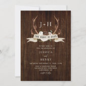 Hunt is Over Antlers Rustic Wood QR Code Wedding  招待状 (正面)