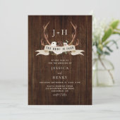 Hunt is Over Antlers Rustic Wood QR Code Wedding  招待状 (スタンド正面)