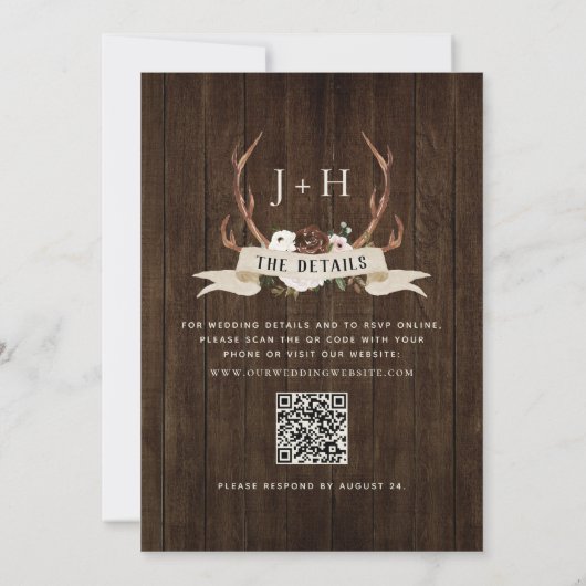 Hunt is Over Antlers Rustic Wood QR Code Wedding  招待状 (裏面)