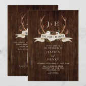 Hunt is Over Antlers Rustic Wood QR Code Wedding  招待状 (正面/裏面)